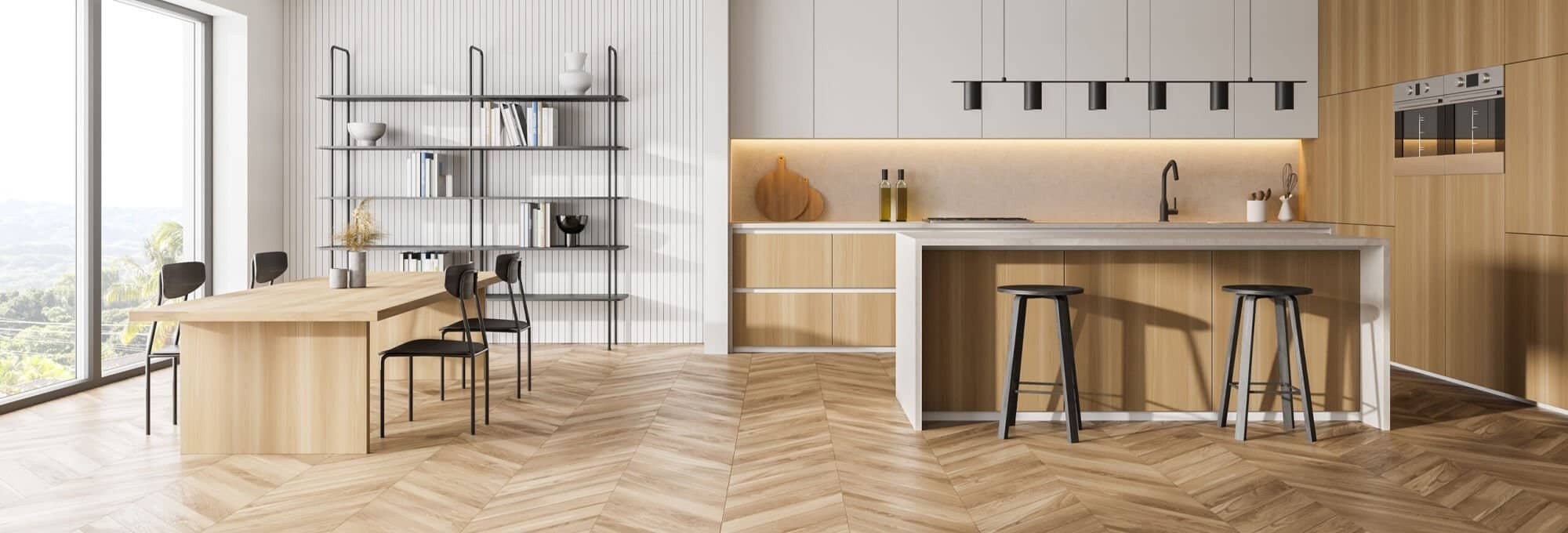 herringbone patterned hardwood in bright kitchen