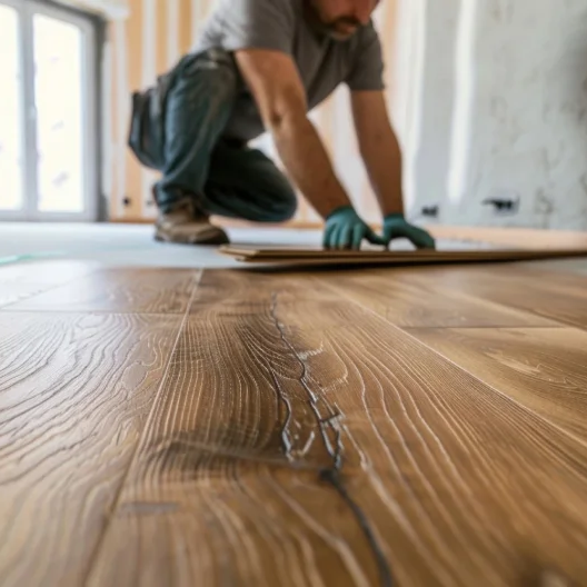 flooring installer combining ceramic and wood flooring in a modern pattern