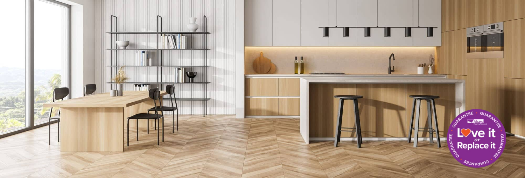 herringbone patterned hardwood in bright kitchen